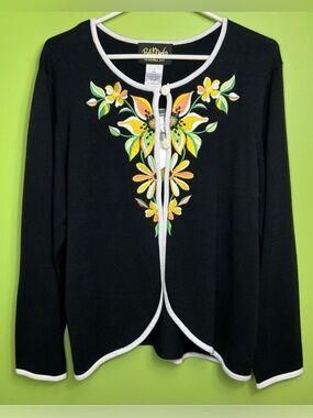 Bob Mackie Wearable Art Sweater Black Embroidered Floral Cardigan size L NWT